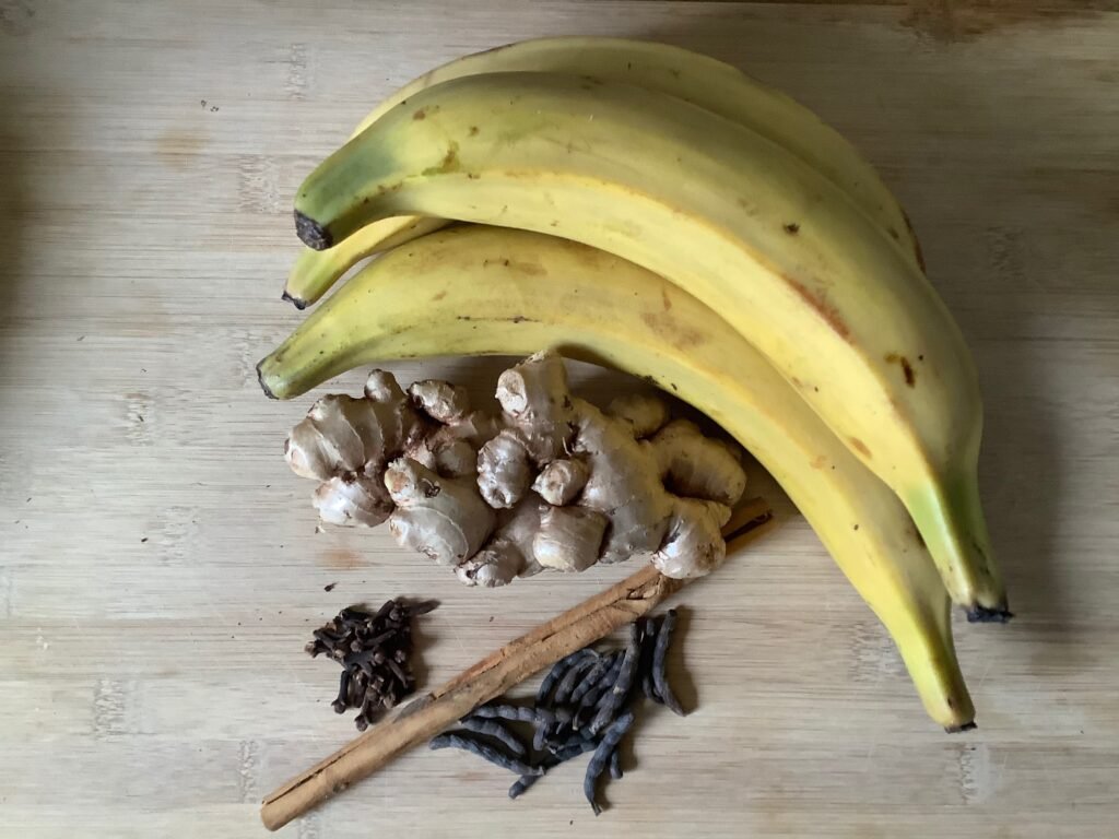 The ingredients of kelewele: ginger, plantains, cloves, cinnamon and selim pepper